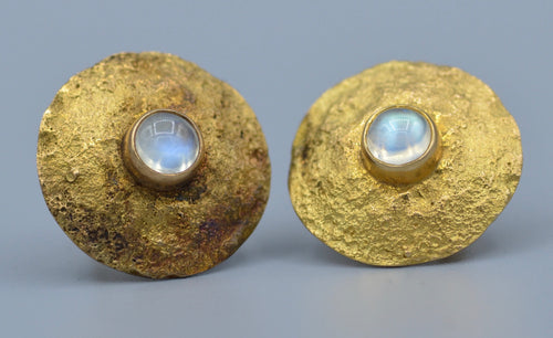 14K yellow gold,hand hammered earrings bezel-set with moon stone