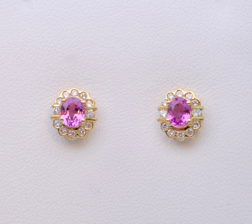 Diamond and Pink Sapphire Post Earrings in 14K Yellow Gold