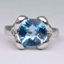 14K white gold, criss-cross cut cushion shaped Blue Topaz Ring