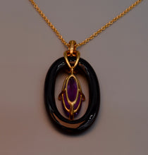14K Yellow gold Onyx and Amethyst pendant trimmed with 4 bezeled Diamonds