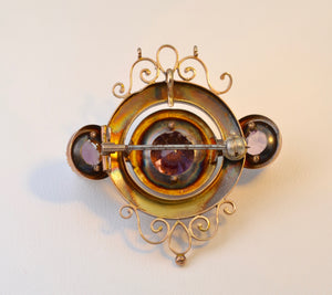 Antique 18K Rose Gold Victorian Brooch with Amethysts and Seed Pearl