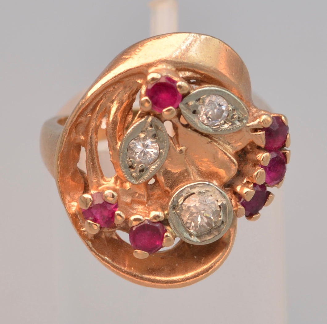 14K Rose Gold Diamond and Ruby ring, ca. 1940's Retro style