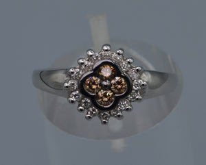 14K white gold ring with four center Brown Diamonds framed with white Diamonds
