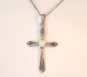 Sterling Silver Cross with Pearl and Marcasite accents