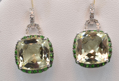 Green Quartz and Diamond Earrings Trimmed with Green Garnets