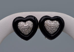 14K white gold heart-shaped onyx and diamond earrings