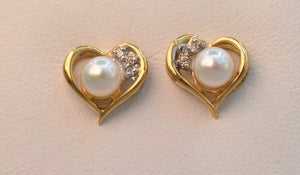 14K yellow gold cultured pearl and diamond post earrings