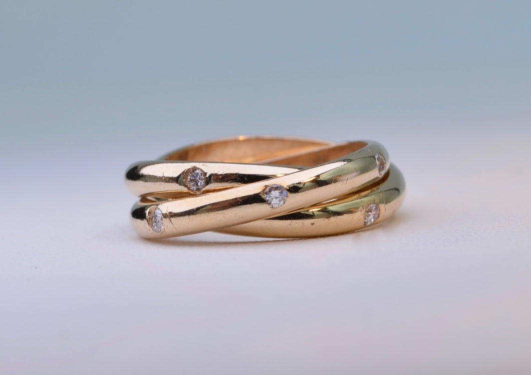 14K Yellow gold Cartier-Style roller rings with 4, 5 and 6 diamonds each
