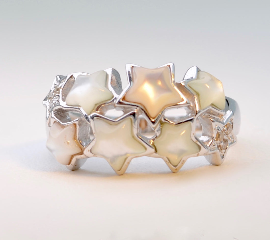 Mother-of-Pearl Stars and Diamond Ring in 14K White Gold