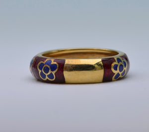 18K Red Enamel band with blue enamel flowers