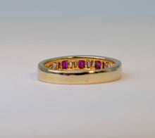 14K yellow gold Band ring with 3 square Rubies and 8 Baguette Diamonds