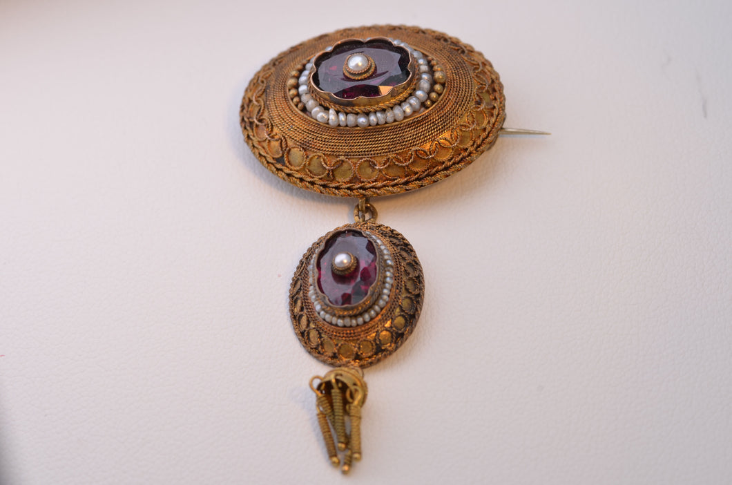 14K Yellow Gold Etruscan-Revival Brooch with Garnet and Sea Pearls